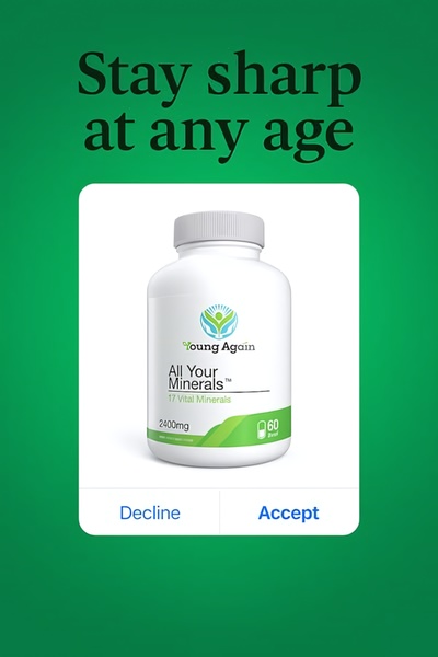 A clean, minimalist advertisement for a 17-mineral supplement bottle set against a solid green background with a simple accept/decline UI prompt.